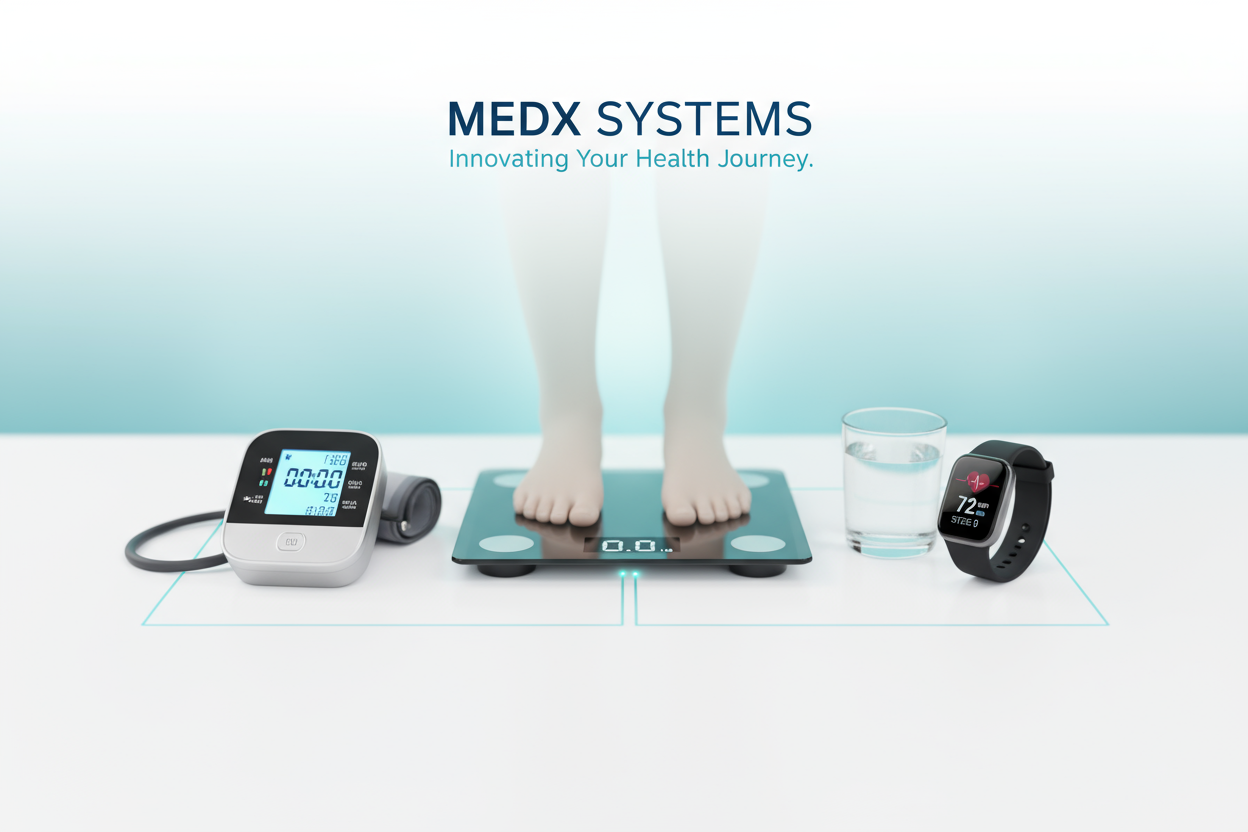 A clean, modern, and trustworthy hero banner for a health tech store called MEDX SYSTEMS. The image features a shallow depth of field shot on a clean white surface with several connected health devices: a sleek digital blood pressure monitor, a smart scale (showing zero) with bare feet faintly visible, and a modern fitness watch next to a glass of water. The background should have a subtle, calming teal blue glow, emphasizing health and technology. The mood should be reassuring, precise, and user-friendly. 